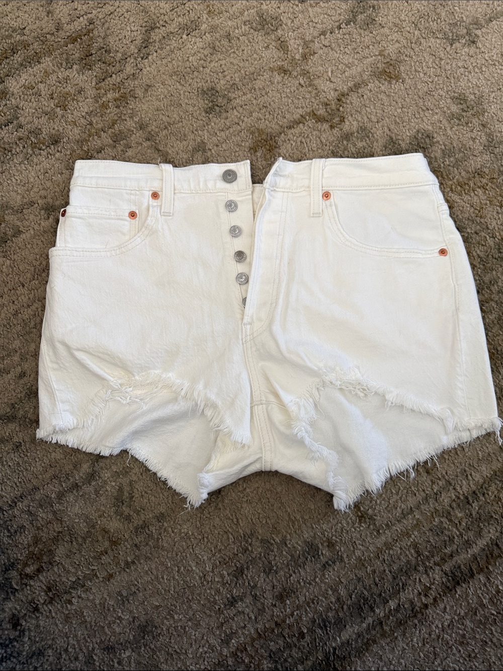 Levi's White High-Rise Button-Front Denim Shorts with Frayed Hem